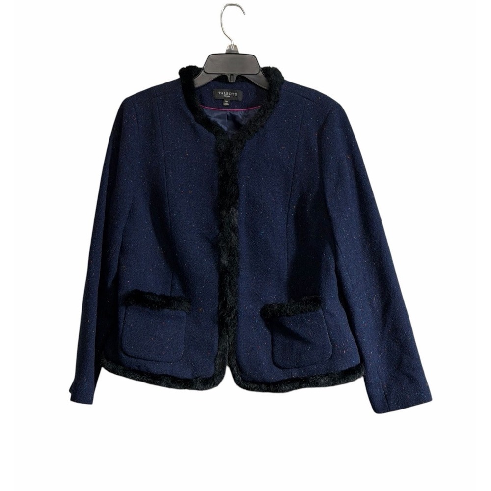 Talbots Sz 16P Wool Blend Blazer Navy Speckled Faux-Fur Trim Tweed Luxury